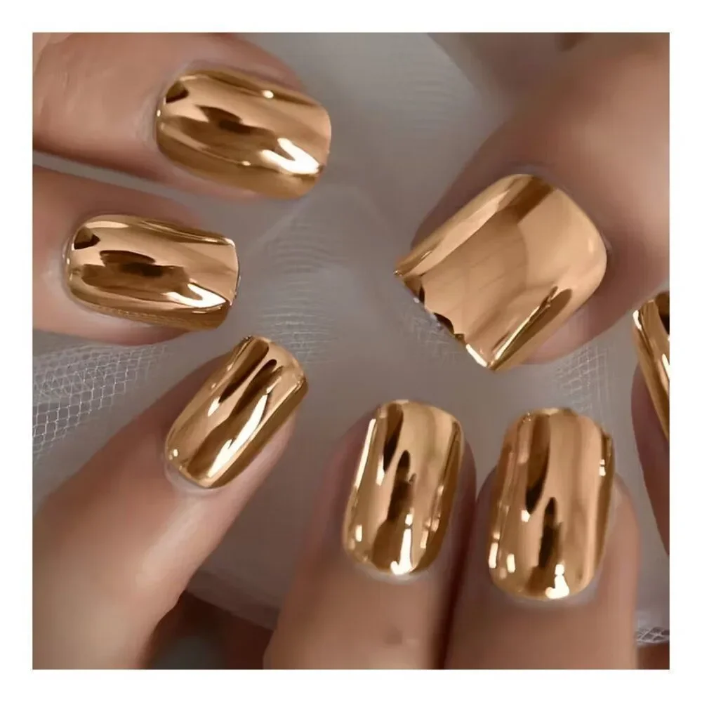 NWT Gold Mirror Chrome Press-On Nails 24pc High Shine Acrylic False Manicure